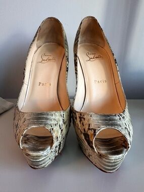 Christian Louboutin Beige Snakeskin Peep-Toe Platform Pumps